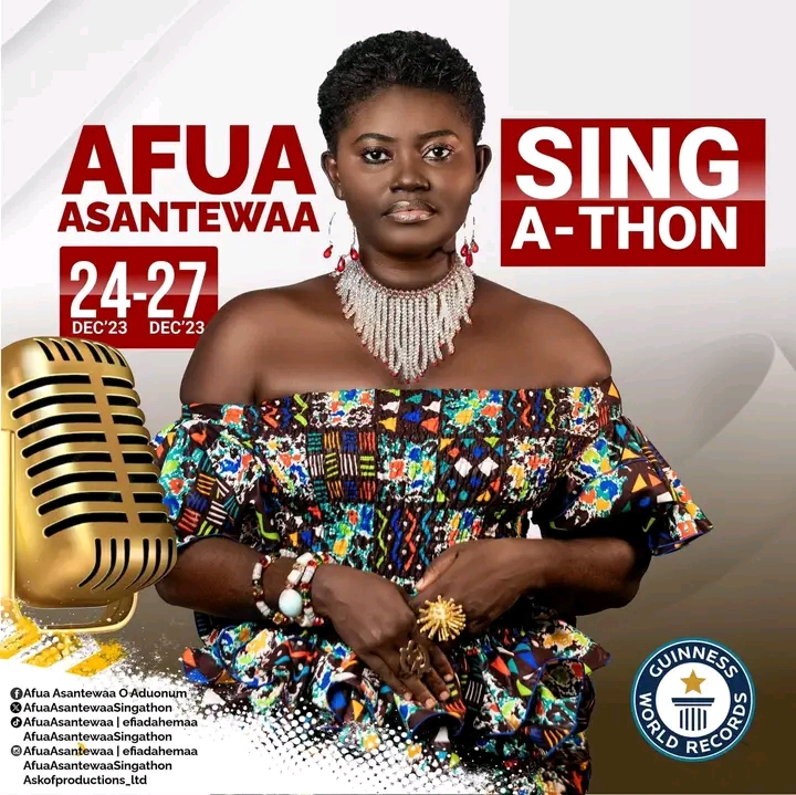 Ghanaian lady Afua Asantewaa is set to break a Guinness record for the longest singing marathon